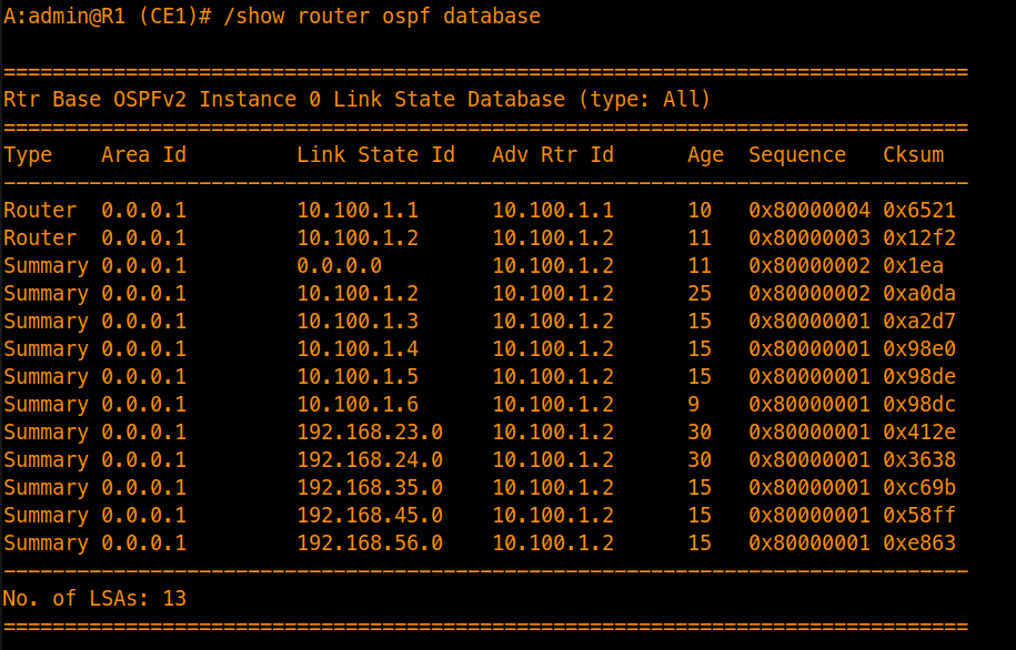 OSPF Multi-area Database verification in a Stub